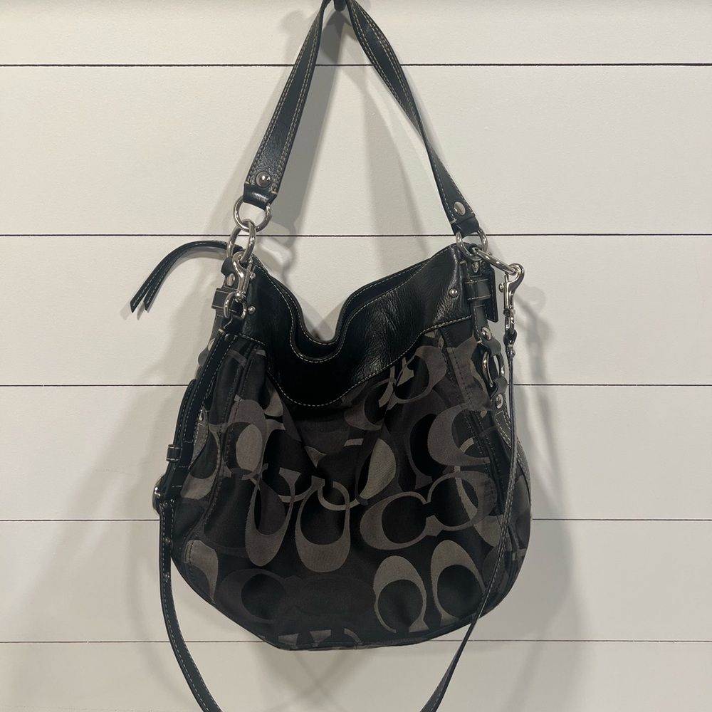 Coach Black and Gray Hobo Bag with Signature Monogram